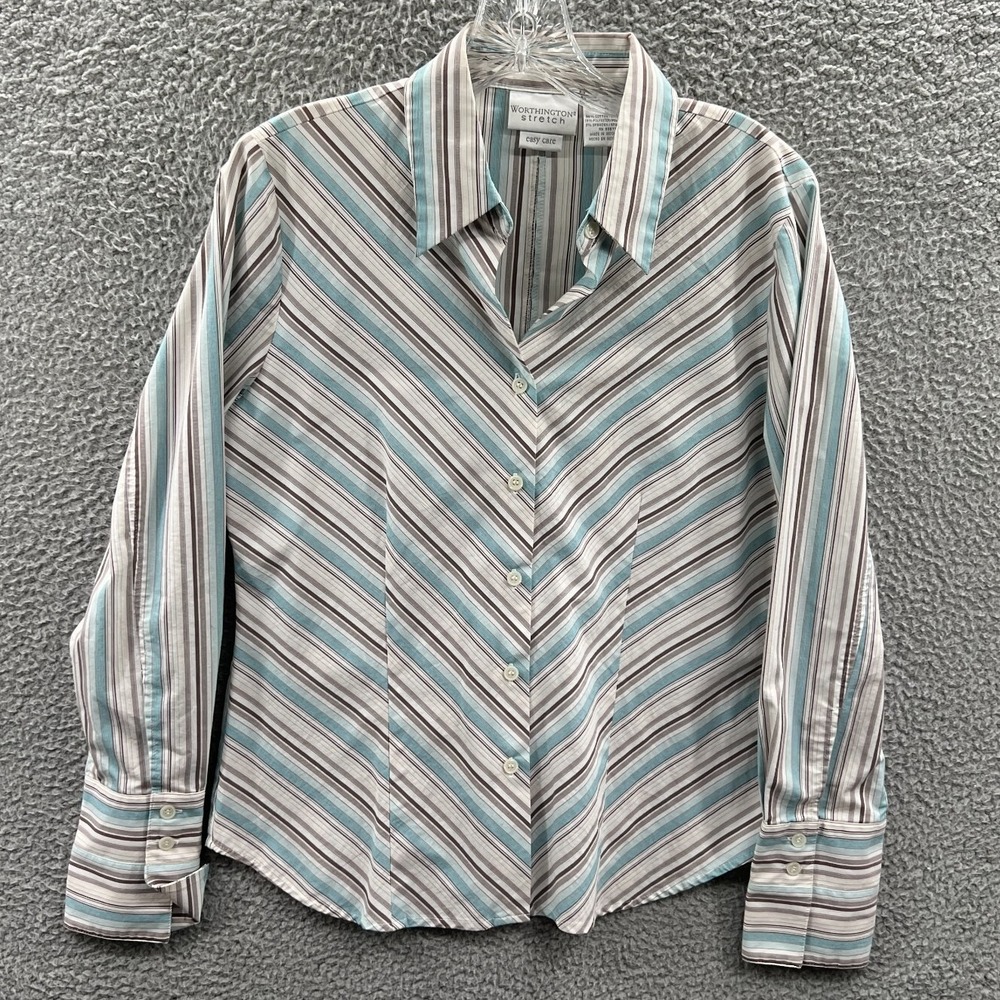 Women Blouse 6 White Blue Striped Career Office Work Top Long Sleeve Stretch Fit